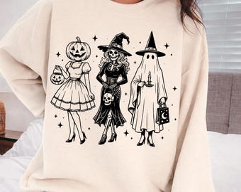 Halloween Girl Squad PNG: Pumpkin Head Witch Ghost Costume Halloween Clipart PNG Spooky Vintage Outline Art (Digital Download)