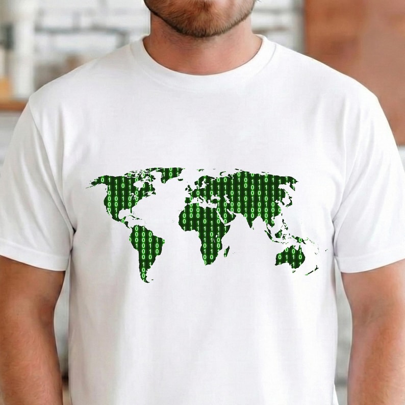 World map made of green binary code on black