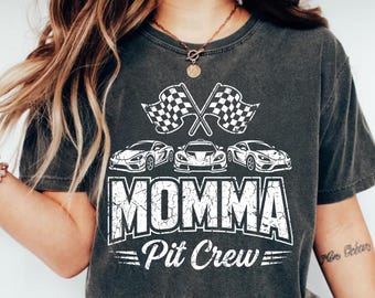 Momma Pit Crew Birthday Party Race Car Lover PNG, Race Car Birthday Party Mom PNG, Racing Flags Fast Cars Vintage Distressed PNG
