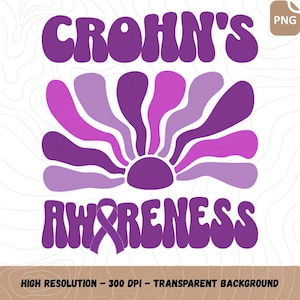 May include: A purple graphic with the words "CROHN'S AWARENESS" in a retro font. The word "AWARENESS" features a purple ribbon. A stylized flower design in shades of purple is in the center.