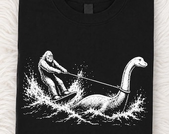 Bigfoot Water Skiing Behind Nessie Cryptid Humor PNG: Funny Cryptid Lake Monster Sasquatch PNG Vintage Mythical Art (Digital Download)