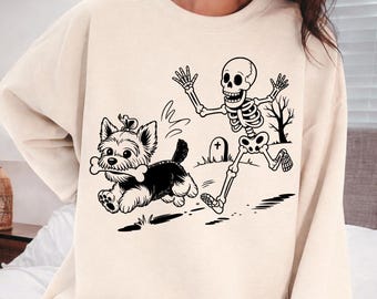 Funny Yorkie Skeleton and Halloween PNG: Funny Dog Skeleton Chase, Yorkshire Terrier png, Halloween Pet Clipart (Digital Download)