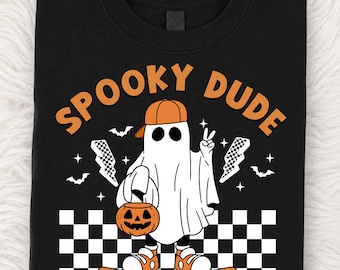 Spooky Dude PNG: Cute Ghost Skateboard Halloween Clipart Retro Spooky Season PNG Checkered Aesthetic (Digital Download)