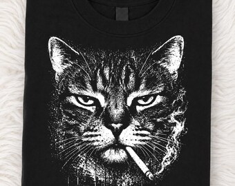 Smoking Black Cat Animal Artwork Funny Sarcastic Dark Humor PNG: Vintage Grunge Cat Face png Gothic Feline Graphic (Digital Download)
