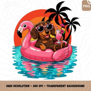 Funny Dachshund Dog Hawaiian Dachshund Float Beach Summer PNG, Funny Wiener Dog Beach Vacation PNG, Cute Summer Vacation Sublimation Tee PNG