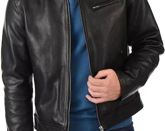 Cafe Racer Men’s Leather Jacket Moto Black Genuine Sheep Skin Leather
