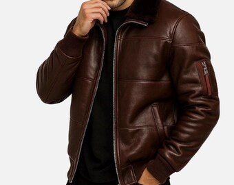 Men's Brown Cowhide Leather Bomber Jacket, Shearling Collar