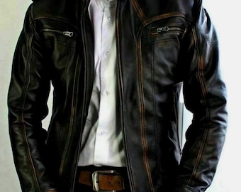 Men's Black Biker Motorcycle Vintage Cafe Racer Distressed Real Leather Jacket