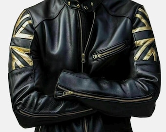 Men's Biker Vintage Motorcycle Black Cafe Racer UK Flag Union Leather Jacket