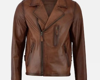 Mens Classic Vintage Genuine Top-Grain Cowhide Biker Leather Jacket