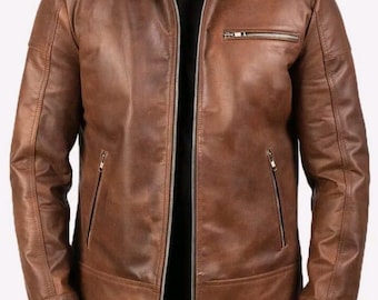 Cafe Racer Men’s Leather Jacket Moto Brown Genuine Sheep Skin Leather