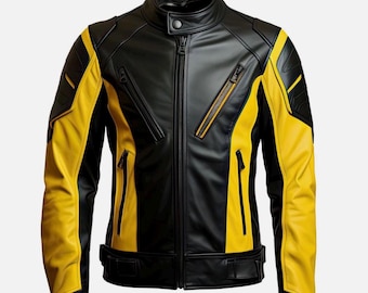 Men's Black & Yellow Real Leather Biker Jacket