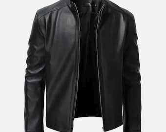 Men's Genuine Cowhide Leather Jacket Black Slim Fit Biker Casual Cafe Racer XXL