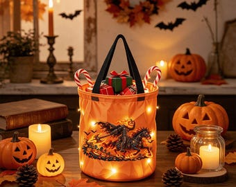 Light Up Halloween Trick or Treat Basket, Headless Horseman LED Candy Bag, Glowing Pumpkin Bucket