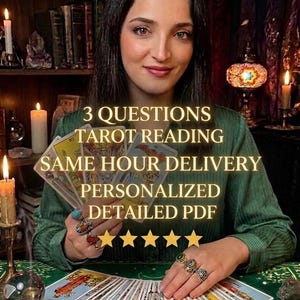 Lettura dei tarocchi con 3 domande in un'ora, risposte rapide e specifiche, guida psichica diretta, approfondimenti su amore, carriera e finanze, PDF personalizzato e dettagliato.
