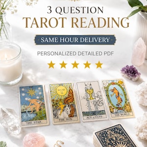 Può includere: Un annuncio di servizio di lettura dei tarocchi a 3 domande con il testo 3 QUESTION TAROT READING, SAME HOUR DELIVERY e PERSONALIZED DETAILED PDF. Sono mostrate quattro carte dei tarocchi: The Star, The Sun, Ace of Cups e The World.