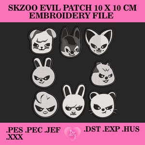 Puede incluir: Un conjunto de archivos de bordado SKZOO Evil Patch, cada uno de 10 x 10 cm. Los parches presentan caras de animales estilizadas con expresiones enfadadas. El texto "SKZOO EVIL PATCH 10 X 10 CM EMBROIDERY FILE" está en la parte superior.