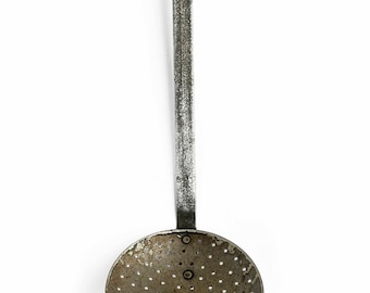 Antique Vintage 1900s Hand Forged Iron Chef Professional SKIMMER STRAINER Utensile.About 15" L. Spoon about 5.5" D...Use,Collectible Display