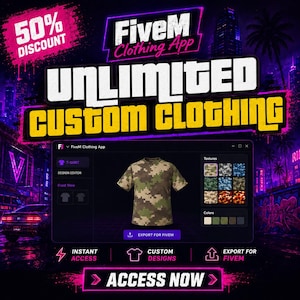 Puede incluir: Una interfaz digital para la aplicación FiveM Clothing que muestra una camiseta con un patrón de camuflaje pixelado verde y marrón. La pantalla presenta opciones de textura, paletas de colores y un botón de exportación sobre un fondo de ciudad neón.