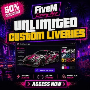 May include: A digital interface for the FiveM Livery App featuring a sports car with a pink, black, and white camouflage design. The screen displays text including 50% DISCOUNT, UNLIMITED CUSTOM LIVERIES, and ACCESS NOW, with a grid of livery patterns.