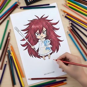 May include: A drawing of a character with red hair, holding a needle and a voodoo doll, is being colored with colored pencils. The character is wearing a white hoodie. The text "MANGKUKULAM" is at the bottom of the drawing.