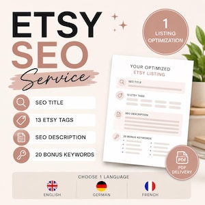 Könnte beinhalten: Werbung für einen Etsy SEO-Service mit dem Text "ETSY SEO Service". Das Bild zeigt eine Checkliste für SEO-Titel, Etsy-Tags, Beschreibung und Keywords. Eine PDF-Lieferoption wird ebenfalls angezeigt. Wählen Sie 1 Sprache.