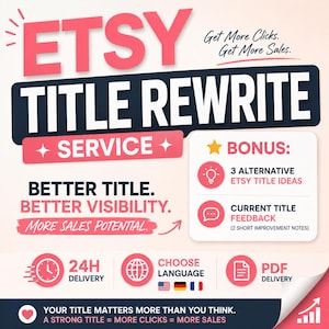 Könnte beinhalten: Werbegrafik für Etsy-Titel-Rewrite-Services. Das Bild zeigt den Text "ETSY TITLE REWRITE SERVICE" in großen, fetten Buchstaben. Zusätzlicher Text hebt Vorteile wie bessere Sichtbarkeit und mehr Verkaufspotenzial hervor, mit 24-Stunden-Lieferung.