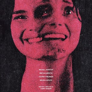 Puede incluir: Un póster de película con una ilustración granulada de alto contraste en rosa y negro de un rostro con una expresión distorsionada de doble exposición. El texto dice: MICHAEL JOHNSTON, INDE NAVARRETTE, COOPER TOMLINSON, MEGAN LAWLESS, WRITTEN & DIRECTED BY CURRY BARKER, OBSESSION.