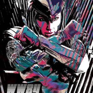 May include: A colorful poster for the movie "WW84" featuring Gal Gadot as Wonder Woman in a superhero pose. The poster has a black and white background with a red, blue, and purple color overlay.