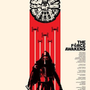 May include: A black and white illustration of a character from the Star Wars movie "The Force Awakens". The character is standing in front of a red background with white stripes. The text "THE FORCE AWAKENS" is at the top of the image.