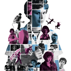 May include: A poster for the movie "Scott Pilgrim vs. the World" featuring a collage of images of the main character, Scott Pilgrim, and his love interest, Ramona Flowers, along with other characters from the film. The poster is designed in a retro video game style, with a pixelated 1-UP icon at the top.