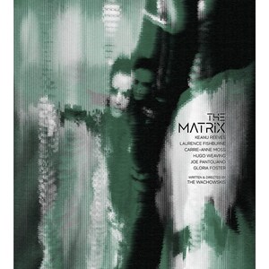Puede incluir: Póster de la película "The Matrix" con una combinación de colores verde y negro. Se muestra el título y el reparto, incluyendo a Keanu Reeves y Laurence Fishburne. La imagen tiene un efecto de líneas verticales.