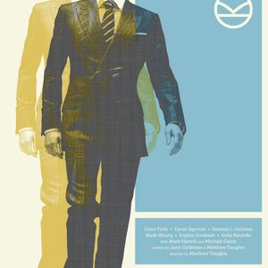 May include: A movie poster for the film "Kingsman: The Secret Service" featuring a man in a suit and tie. The poster is in a retro style with a blue and yellow color scheme.