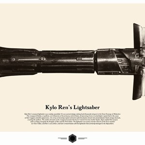 Peut inclure: Un sabre laser noir avec une poignée argentée et une garde croisée. Le sabre laser est une arme utilisée par Kylo Ren, un personnage de la franchise Star Wars. Le texte sous le sabre laser indique "Kylo Ren's Lightsaber".