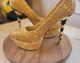 Gold Leaf lace heels (custom heels, custom shoes) Size 9 Butterfly accents