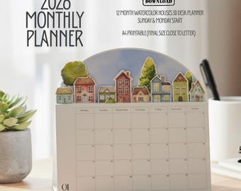 2026 Watercolor Houses 3D Desk Calendar and Planner (PDF)