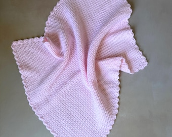 Soft Pink Knit Baby Blanket: Acrylic Scallop Edge, Newborn Prop