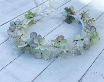 sage green and white floral crown, Sage Floral Wreath, Dried baby breath Crown, Sage Flower Girl Wreath