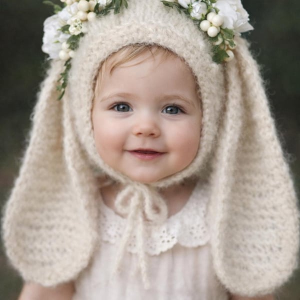 Handmade Mohair Bunny Bonnet with Silk Flower Crown