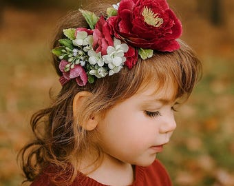 Autumn Floral Toddler Headband: Burgundy Peony & Ivory Blooms