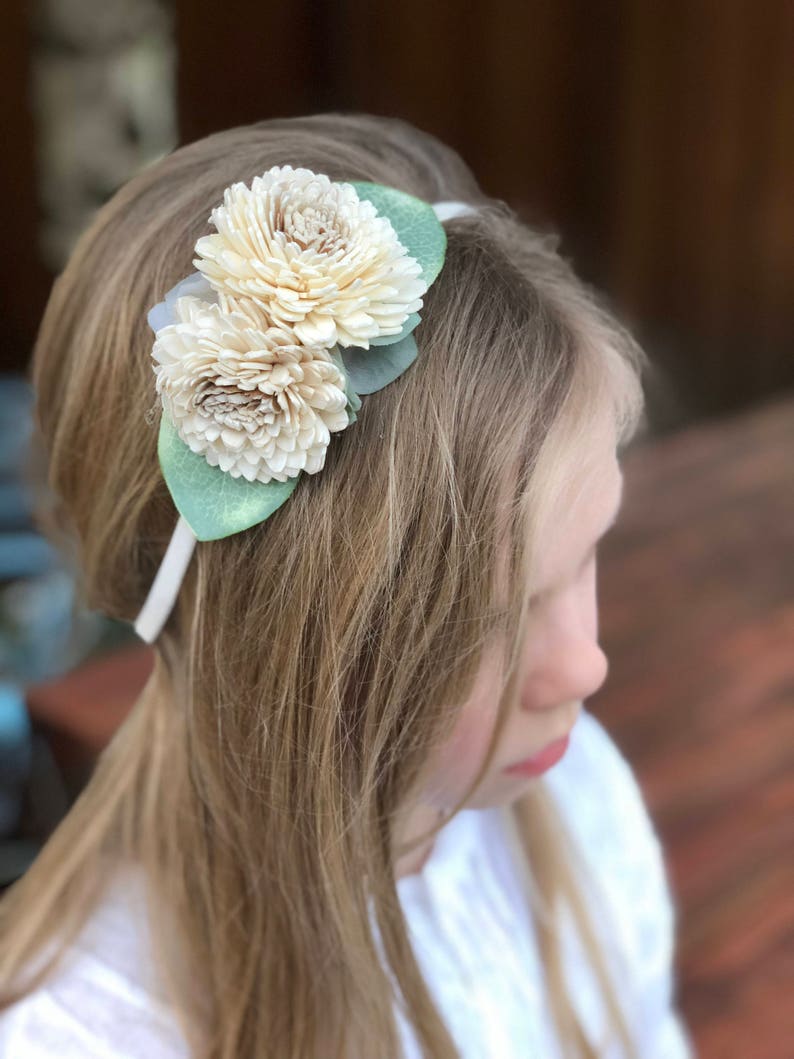 Eucalyptus and sola flowers headband Flower girl headband Etsy
