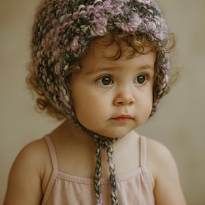 Hand-Knitted Toddler Bonnet – 18-24 Months, Chunky Acrylic Yarn in Pink, Gray & Lavender