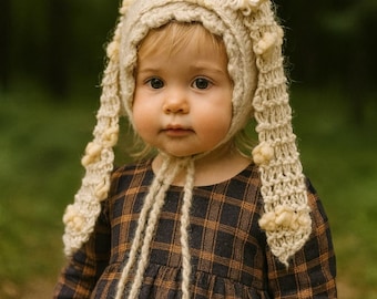 Mohair Bunny Bonnet for Baby | Textured Knit Hat with Long Ears | 12–18 Months