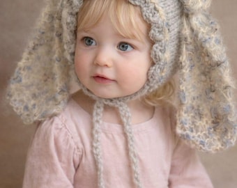 Toddler Bunny Bonnet 12–18 Months | Hand Knit Floppy Ear Bonnet | Soft Mohair Look | Photo Prop Hat