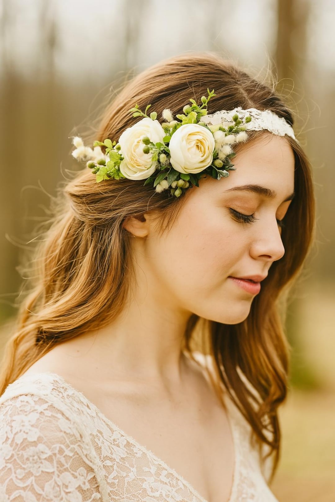 Romantic Silk Flower Headband With Ivory Lace – Boho Bridal  display picture 3