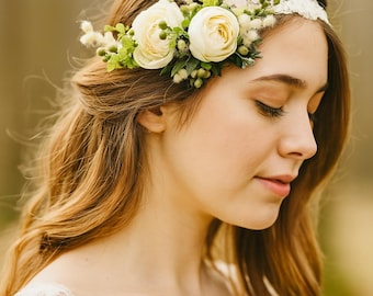 Romantic Silk Flower Headband with Ivory Lace – Boho Bridal Floral Crown
