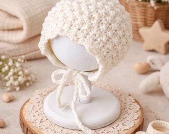 Handmade Newborn Knitted  Bonnet | Cream Baby Bonnet | 0–3 Months | Cotton Blend | Photography Prop | Classic Baby Hat