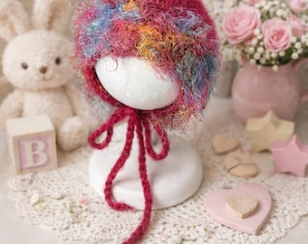 Newborn Mohair Bonnet | Rainbow Tie Back Photo Prop, Hand Knit Infant Hat