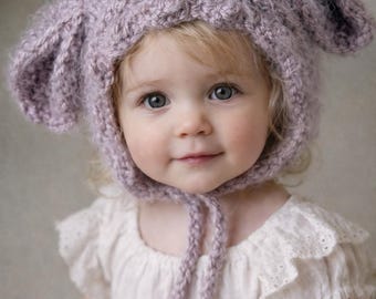 Hand Knit Lamb Bonnet, Toddler Animal Hat, Acrylic Yarn, Easter Photo Prop