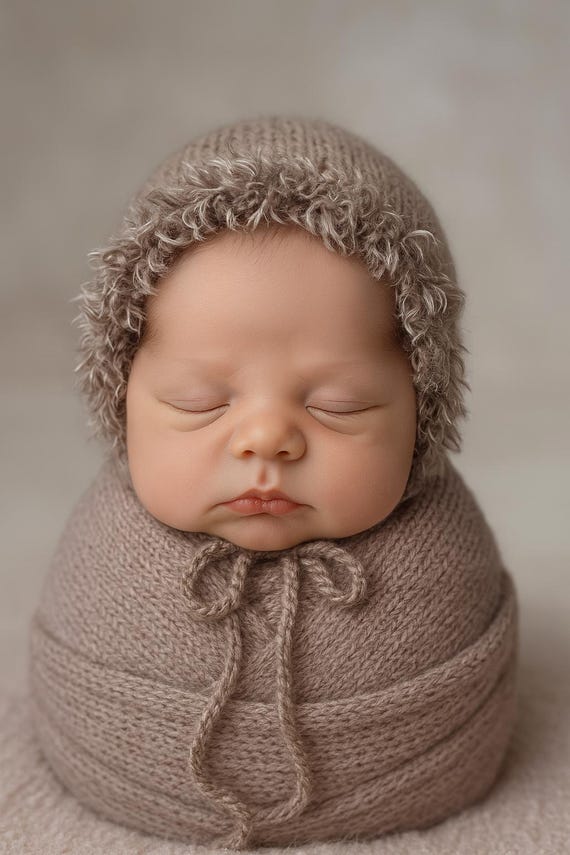 ハンドメイドニットベビーボンネット：ふわふわのトリム付き新生児写真